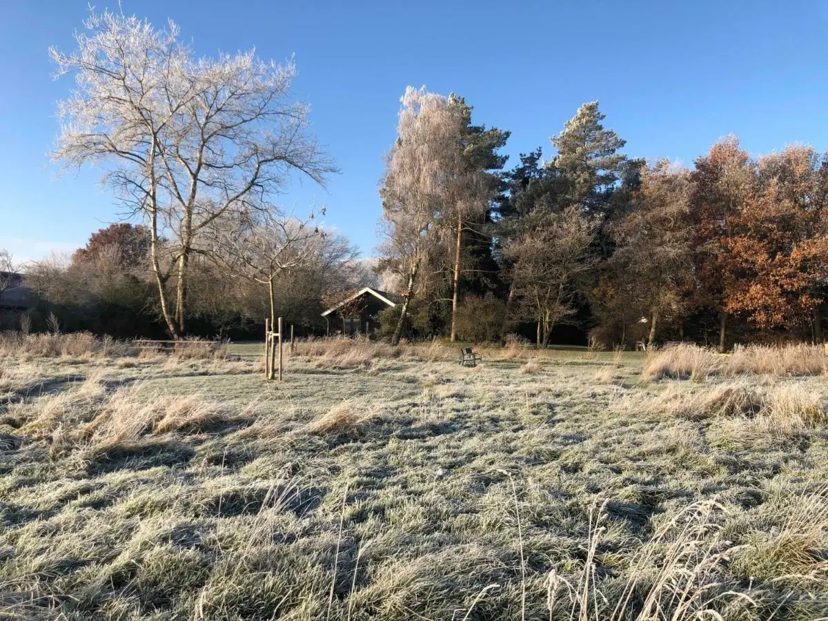 Vakantiehuis IJsselgoud bij avondlicht, met uitzicht over de tuin en de weilanden bij Zwolle